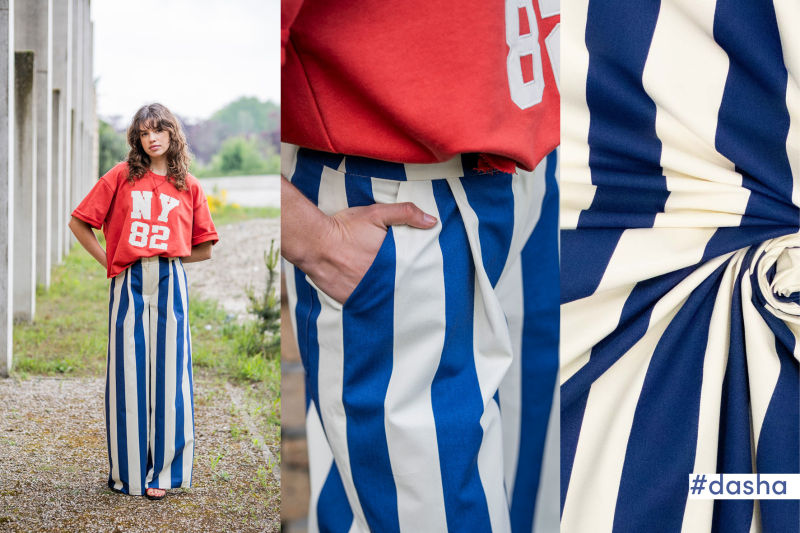 Geweven katoen in blauw - witte streep  Fibre Mood