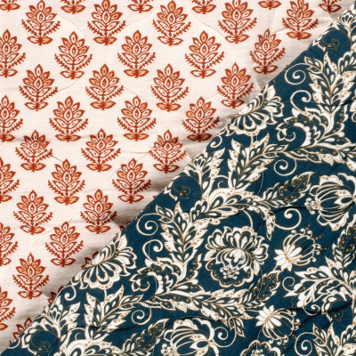 Mousseline gewatteerd blauwe bloem en ecru print
