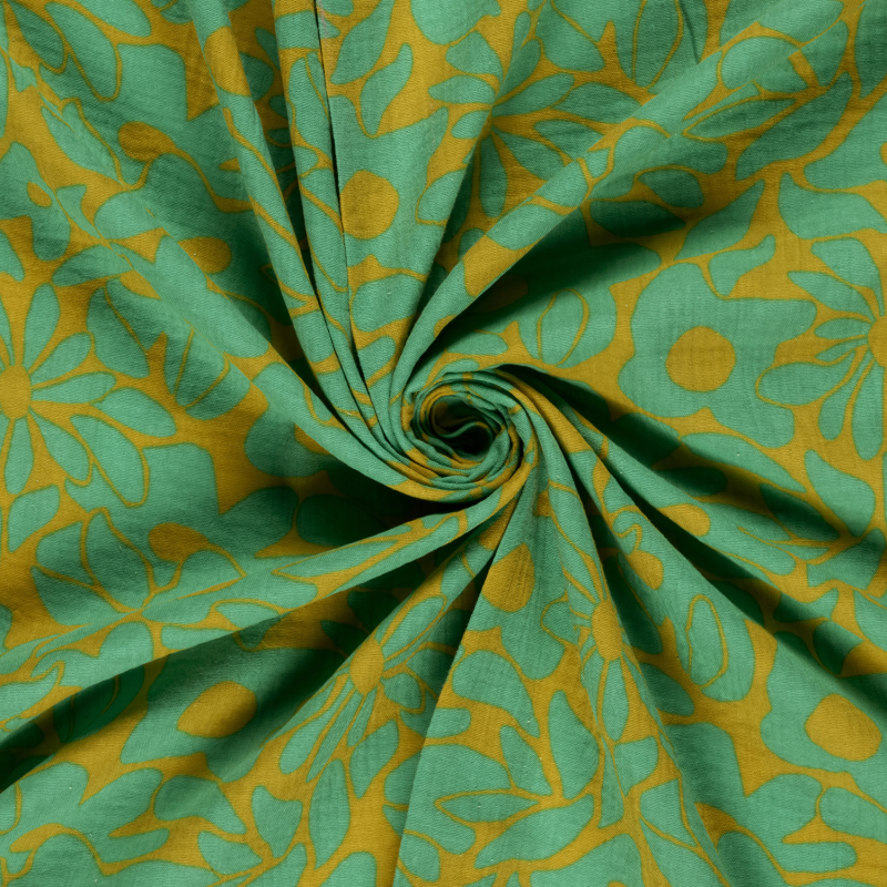Geprinte mouseline - groen geel bloemen